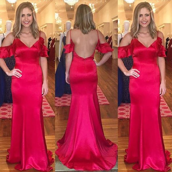 2019 spring evening dresses spaghetti straps ruffles cold shoulder sheath column backless prom gowns open back sweep train, Black;red
2019 spring evening dresses spaghetti straps ruffles cold shoulder sheath column backless prom gowns open back sweep train, Black;red