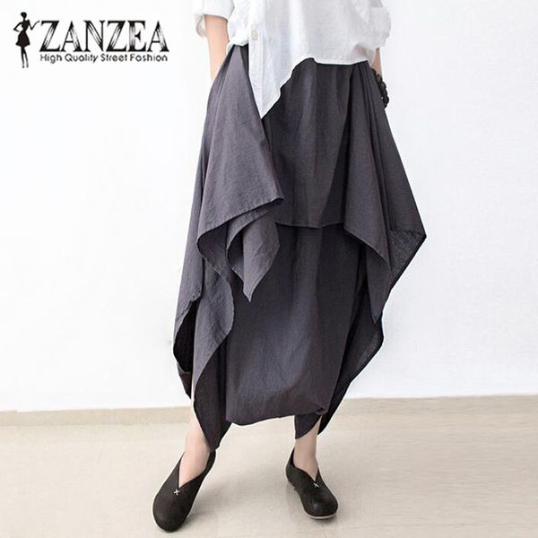 

2017 zanzea women fashion cotton linen elastic waist baggy drop-crotch long trousers harem pants asymmetrical ruffles pantalon, Black;white