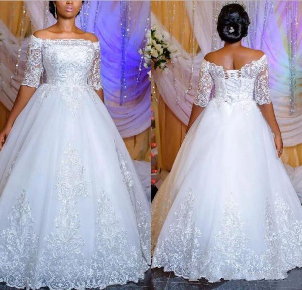 off shoulder plus size wedding dresses with half sleeve 2019 lace applique edge full back afican garden church bridal wedding gown, White
off shoulder plus size wedding dresses with half sleeve 2019 lace applique edge full back afican garden church bridal wedding gown, White