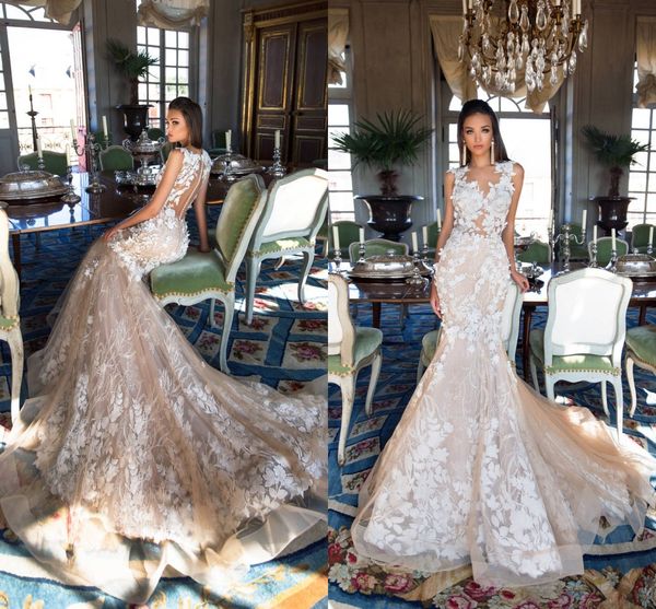 2018 champagne mermaid lace wedding dresses sheer jewel neck sleeveless lace appliques tulle bridal gowns custom made illusion bodices back, White
2018 champagne mermaid lace wedding dresses sheer jewel neck sleeveless lace appliques tulle bridal gowns custom made illusion bodices back, White