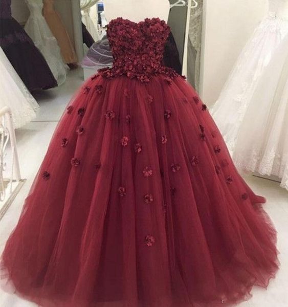 2019 Burgundy Appliques Jewel Neck Long Prom Dresses 3D Hand Made Flowers Formal Party Gowns Lace Up Back Quinceanera Ball Gowns Vestidos
2019 Burgundy Appliques Jewel Neck Long Prom Dresses 3D Hand Made Flowers Formal Party Gowns Lace Up Back Quinceanera Ball Gowns Vestidos