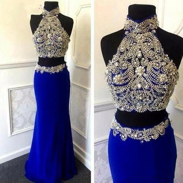sparkly 2 pieces prom dresses high neck crystals beadings chiffon long mermaid royal blue party gowns custom size, Black
sparkly 2 pieces prom dresses high neck crystals beadings chiffon long mermaid royal blue party gowns custom size, Black