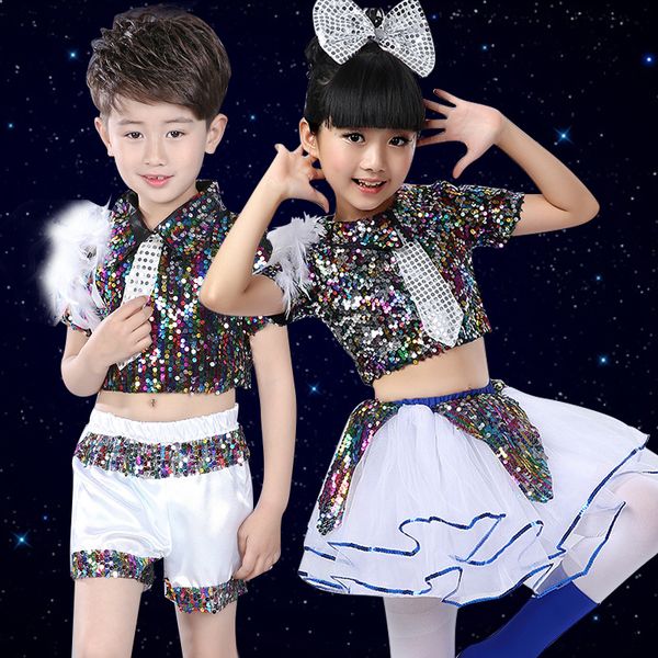 children's latin jazz dance costumes men and women kindergarten sequins dance clothing bitter fleabane skirt, Blue
children's latin jazz dance costumes men and women kindergarten sequins dance clothing bitter fleabane skirt, Blue