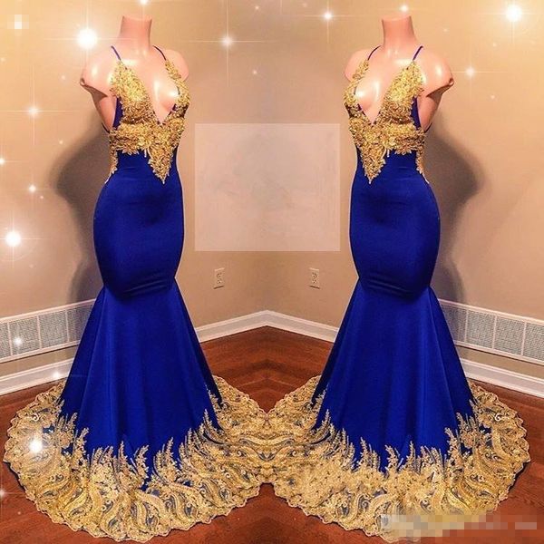 Sexy Halter Prom Dresses Royal Blue And Gold Appliques Mermaid Evening Gowns Deep V Neck Backless Count Train Beads Cocktail Party Dress
Sexy Halter Prom Dresses Royal Blue And Gold Appliques Mermaid Evening Gowns Deep V Neck Backless Count Train Beads Cocktail Party Dress