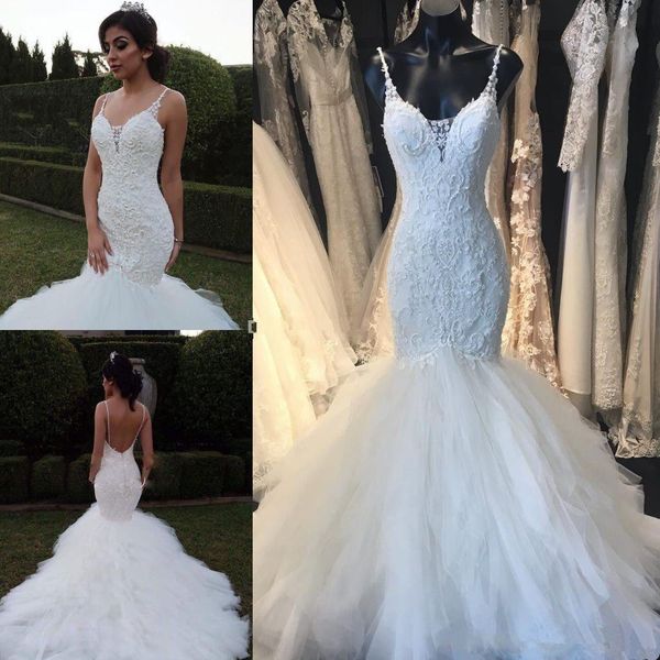 gorgoeus design 2019 beadings lace wedding dress mermaid backless spaghetti straps ruffles tulle skirt tiers luxury bridal gowns custom size, White
gorgoeus design 2019 beadings lace wedding dress mermaid backless spaghetti straps ruffles tulle skirt tiers luxury bridal gowns custom size, White