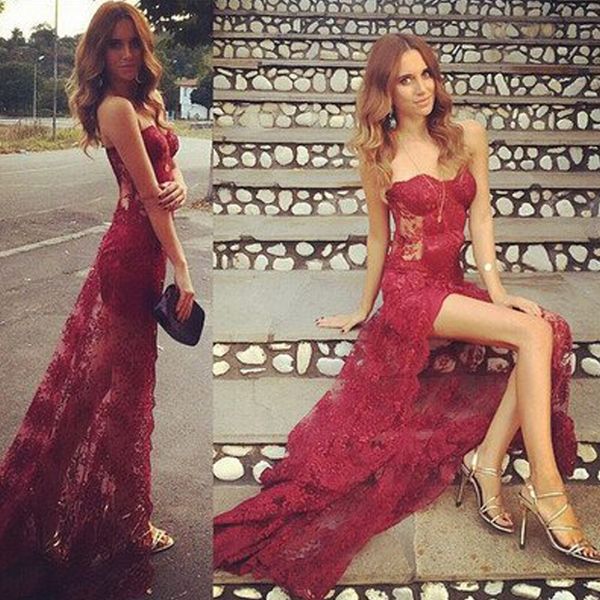 burgundy lace prom dresses sweetheart sleeveless illusion see through skirt front split floor length evening party gowns, Black
burgundy lace prom dresses sweetheart sleeveless illusion see through skirt front split floor length evening party gowns, Black