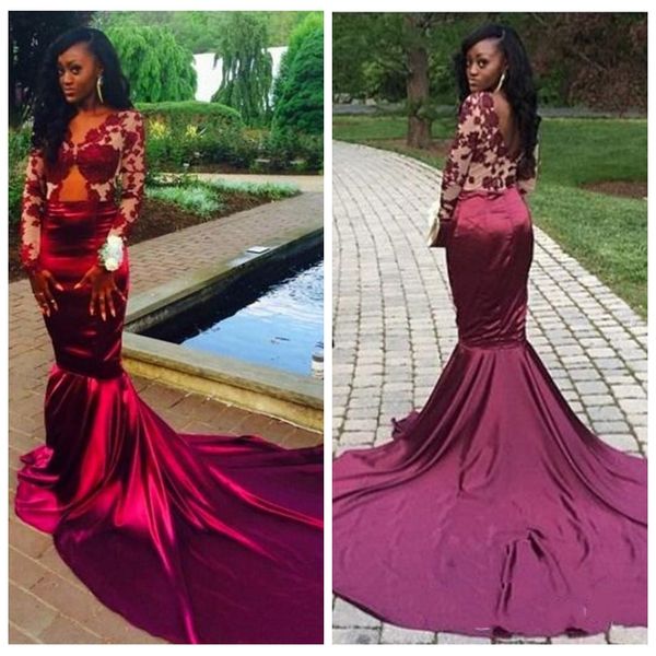 2018 burgundy long sleeves lace mermaid prom dresses backless court train sheer evening dresses vestiods formal women pageant gowns, Black
2018 burgundy long sleeves lace mermaid prom dresses backless court train sheer evening dresses vestiods formal women pageant gowns, Black