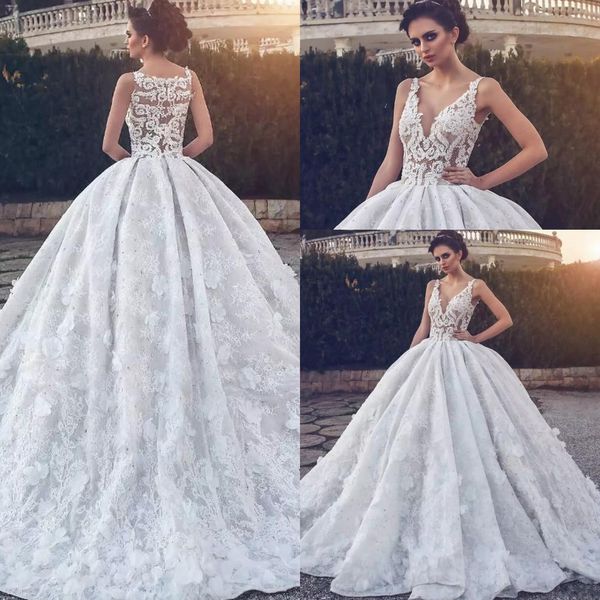 2018 said mhamad dubai arabic lace appliqued wedding dresses deep v neck 3d floral illusion back chapel train wedding bridal gowns, White
2018 said mhamad dubai arabic lace appliqued wedding dresses deep v neck 3d floral illusion back chapel train wedding bridal gowns, White