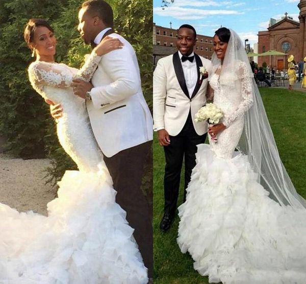 Long Sleeves Wedding Dresses Mermaid Jewel Lace Applique Sexy Vintage Wedding Gown Ruffles Tired Wedding Bridal Gowns
Long Sleeves Wedding Dresses Mermaid Jewel Lace Applique Sexy Vintage Wedding Gown Ruffles Tired Wedding Bridal Gowns
