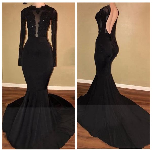 2018 elegant sheer long sleeves lace applique prom dresses slim floor length backless african stretch satin evening party gowns custom, Black
2018 elegant sheer long sleeves lace applique prom dresses slim floor length backless african stretch satin evening party gowns custom, Black