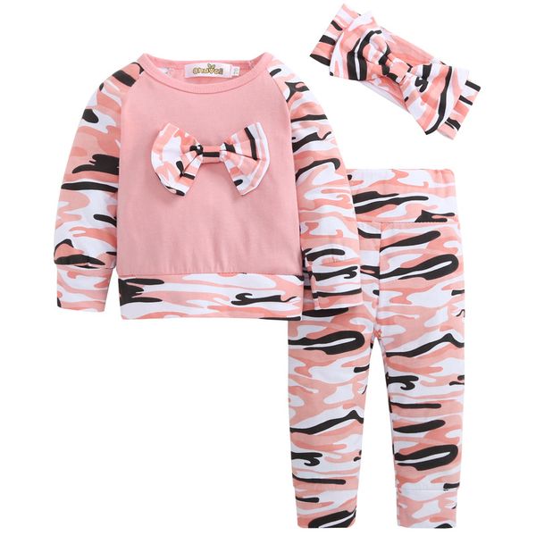 2018 new baby girls clothes kids clothing set 3pcs/set headband+bowknot t-shirt+pants camouflage spring children clothes suit, White
2018 new baby girls clothes kids clothing set 3pcs/set headband+bowknot t-shirt+pants camouflage spring children clothes suit, White