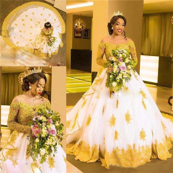 2018 african plus size wedding dresses off the shoulder gold appliques lace ball gown wedding dress long sleeves sheer bridal gowns vestidos, White
2018 african plus size wedding dresses off the shoulder gold appliques lace ball gown wedding dress long sleeves sheer bridal gowns vestidos, White