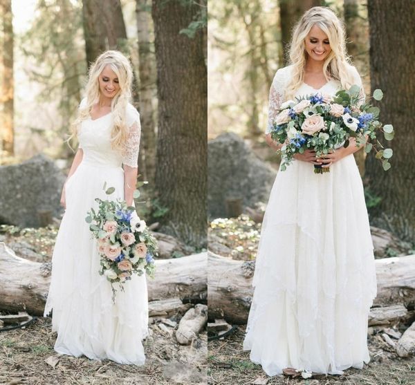 2020 western country bohemian beach a line wedding dresses v neck lace chiffon half sleeves tiered floor length plus size bridal gowns, White
2020 western country bohemian beach a line wedding dresses v neck lace chiffon half sleeves tiered floor length plus size bridal gowns, White