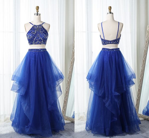 two pieces evening gowns long a line tulle 2018 halter beaded crystal ruffles open back prom formal pageant dress 2018, Black;red
two pieces evening gowns long a line tulle 2018 halter beaded crystal ruffles open back prom formal pageant dress 2018, Black;red