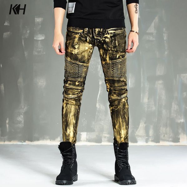 kh men's brush gold silver coating straight jeans elastic skinny motorcycle jeans man nightclub hip hop denim pants, Blue
kh men's brush gold silver coating straight jeans elastic skinny motorcycle jeans man nightclub hip hop denim pants, Blue