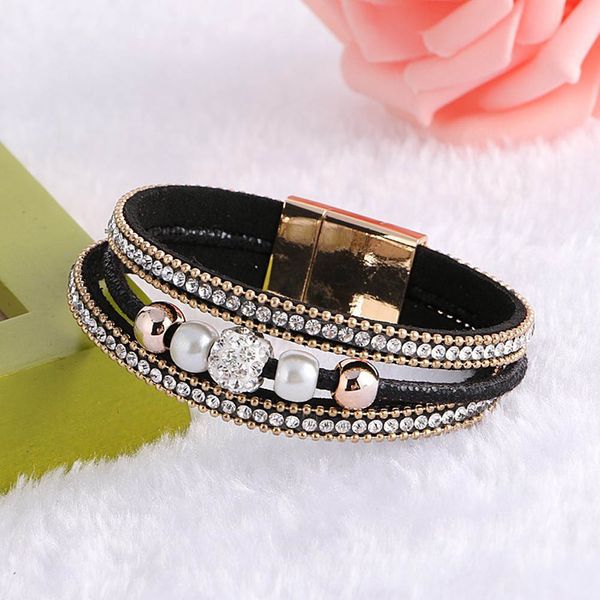 

2018 new fashion multilayer styles magnetic clasp leather bracelets bangles for women handmade tassels pendant female jewelry, Black