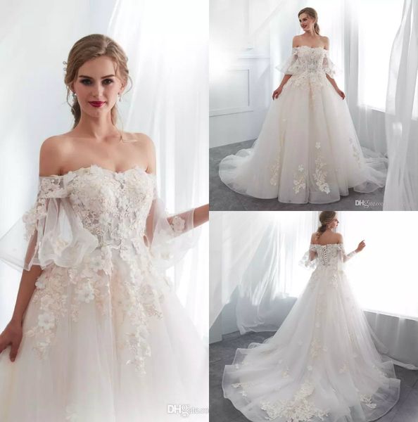 elegant off shoulder wedding dresses 3d appliqued lace bridal gowns sweep train corset back boho country garden wedding dress custom made, White
elegant off shoulder wedding dresses 3d appliqued lace bridal gowns sweep train corset back boho country garden wedding dress custom made, White