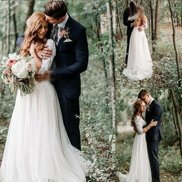 backless country forest a-line wedding dresses long sleeves v neck floor long lace tulle garden bridal gown plus size, White
backless country forest a-line wedding dresses long sleeves v neck floor long lace tulle garden bridal gown plus size, White
