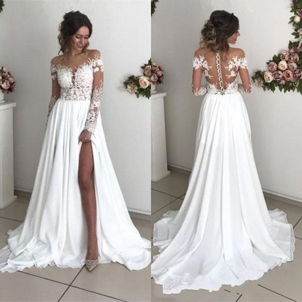 New Arrival Summer Boho Long Sleeves Wedding Dresses Sheer Appliques Off Shoulder Split Long Bridal Gowns Cheap BC0012
New Arrival Summer Boho Long Sleeves Wedding Dresses Sheer Appliques Off Shoulder Split Long Bridal Gowns Cheap BC0012