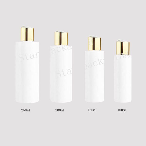 100/150/200/250ml Empty White Plastic Shampoo Bottles With Gold Disc Caps,empty Essential Oils Cosmetic Packaging Shower Gel