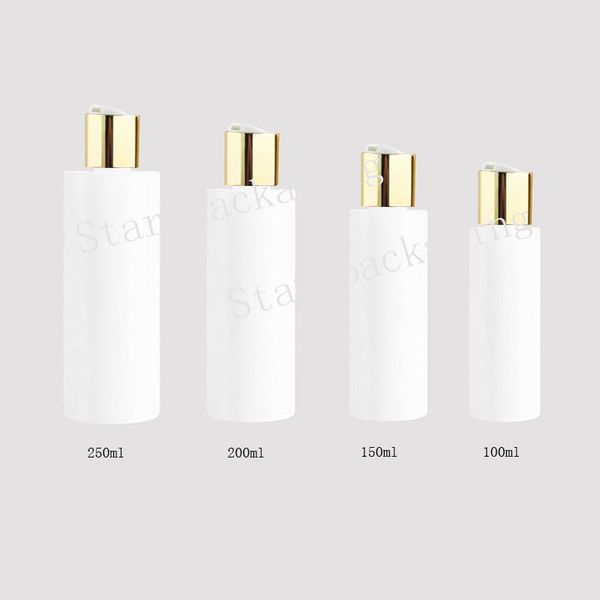 100/150/200/250ml Empty White Plastic Shampoo Bottles With Gold Disc Caps,empty Essential Oils Cosmetic Packaging Shower Gel