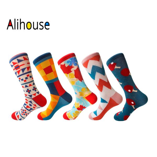 

alihouse 5 pairs/lot men's colorful funny british style skate socks combed cotton crew socks casual dress funky wedding, Black