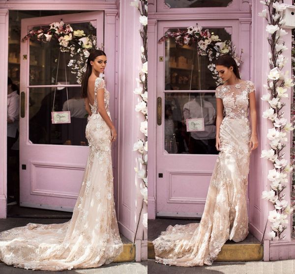 charming champagne elegant short sleeves mermaid wedding dresses 3d floral lace appliqued backless wedding bridal gowns for garden, White
charming champagne elegant short sleeves mermaid wedding dresses 3d floral lace appliqued backless wedding bridal gowns for garden, White