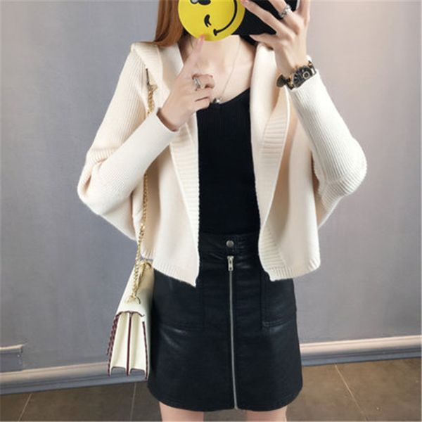 

2018 new autumn winter hooded cardigans and sweaters batwing sleeve shawl jacket ladies knitted cape female cloak coat pz435, White;black