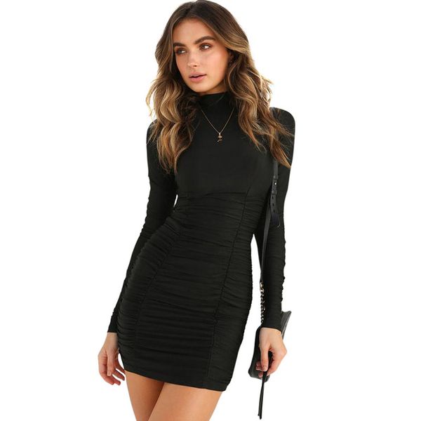 women bodycon ruched mini dress solid color high neck long sleeve pencil dress bandage clubwear party tight 2018, White;black
women bodycon ruched mini dress solid color high neck long sleeve pencil dress bandage clubwear party tight 2018, White;black