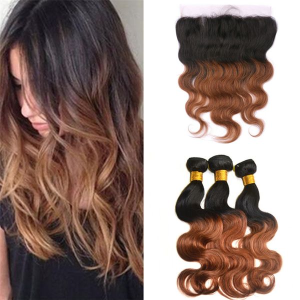 

brazilian body wave ombre auburn 3 bundles with lace frontal closure 1b 30 ombre virgin human hair weaves and 13x4 frontal, Black;brown
