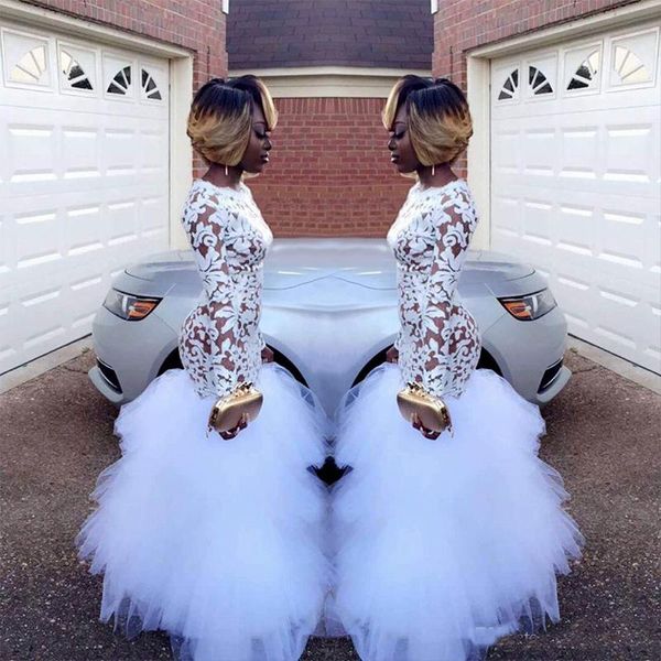 2018 African White Mermaid Lace Prom Dresses for Black Girls Long Sleeves Ruffles Floor Length Plus Size Evening Prom Gowns African Dresses 
2018 African White Mermaid Lace Prom Dresses for Black Girls Long Sleeves Ruffles Floor Length Plus Size Evening Prom Gowns African Dresses