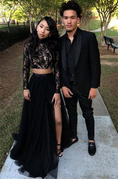 2018 two piece black a line lace prom dresses long jewel neck long sleeves high side split tiered tulle formal evening party gowns custom
2018 two piece black a line lace prom dresses long jewel neck long sleeves high side split tiered tulle formal evening party gowns custom