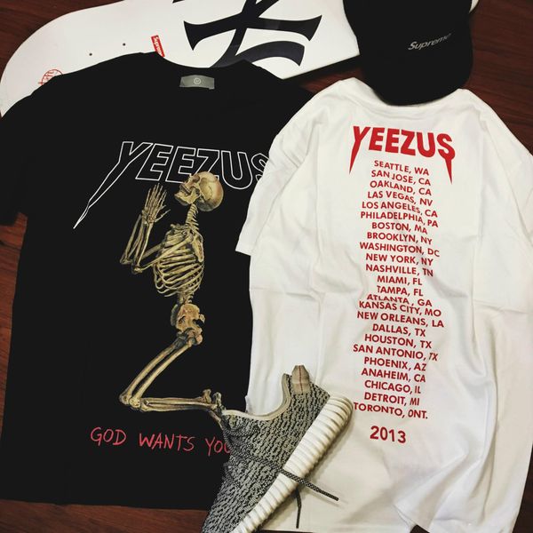 

популярные yeezus тур с коротким рукавом футболка череп призрак Merch Индийский головной убор футболка tee kanye west одежда хлопок tee