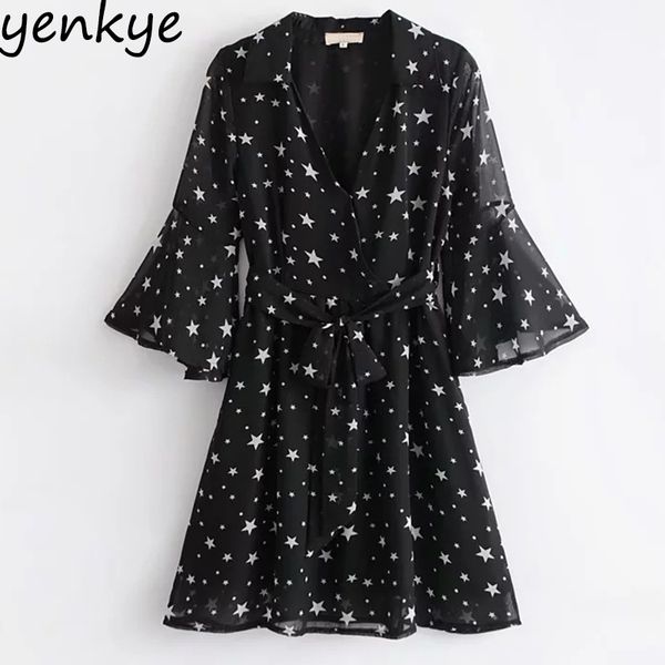 2018 summer women five-pointed star printed chiffon dresses vintage black v neck flare sleeve with belt a-line dresses, White;black
2018 summer women five-pointed star printed chiffon dresses vintage black v neck flare sleeve with belt a-line dresses, White;black