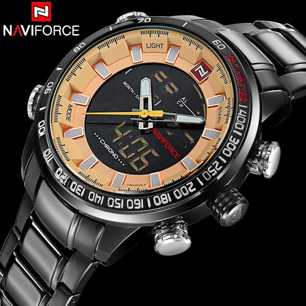 men sport watches naviforce brand dual display watches led digital stainless steel quartz watch gift clock wristwatches, Slivery;brown
men sport watches naviforce brand dual display watches led digital stainless steel quartz watch gift clock wristwatches, Slivery;brown