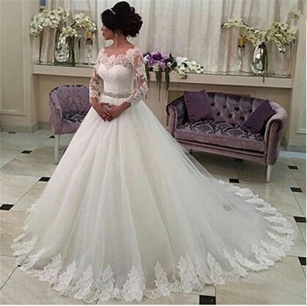 bateau neck tulle a line wedding dresses with lace appliques 2019 beaded waist wedding gowns floor length, White
bateau neck tulle a line wedding dresses with lace appliques 2019 beaded waist wedding gowns floor length, White