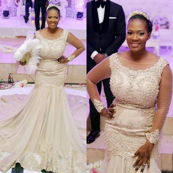 african plus size wedding dresses lace appliques sheer neck beads mermaid wedding dress lace up back long sleeves bridal gowns, White 
african plus size wedding dresses lace appliques sheer neck beads mermaid wedding dress lace up back long sleeves bridal gowns, White