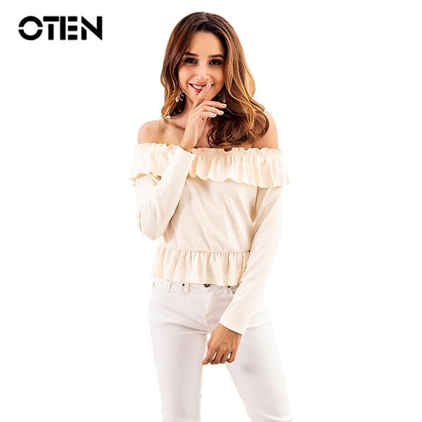 oten 2018 autumn spring off the shoulder for women street fashion slash neck long sleeve ruffle knitted slim tee shirt, White
oten 2018 autumn spring off the shoulder for women street fashion slash neck long sleeve ruffle knitted slim tee shirt, White