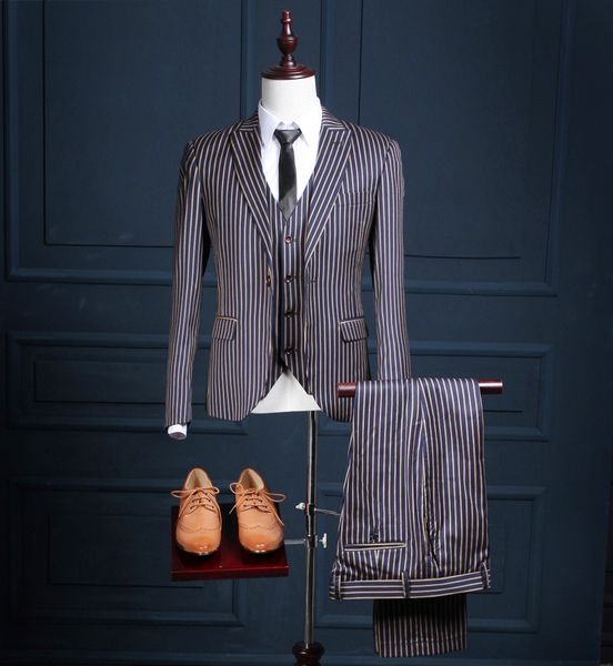 vertical stripes men suits one button classic fit suits 3 pieces (jacket+pants+vest) peaked collar wedding party tuxedos, Black;gray
vertical stripes men suits one button classic fit suits 3 pieces (jacket+pants+vest) peaked collar wedding party tuxedos, Black;gray