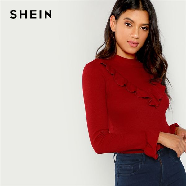 

shein burgundy elegant office lady ribbed knit ruffle trim long sleeve solid pullovers tee autumn workwear women t-shirt and top, White