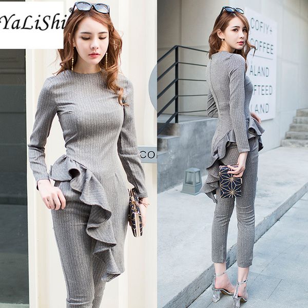 2 pieces set 2017 autumn casual office gray suits for women long sleeve ruffles and nine pants suit vestidos work wear sets, White
2 pieces set 2017 autumn casual office gray suits for women long sleeve ruffles and nine pants suit vestidos work wear sets, White