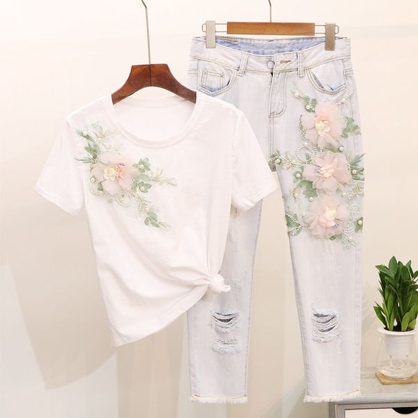high street new fashion 2018 designer runway suit set women's embroidery appliques t-shirt denim jeans casusal suit set, White
high street new fashion 2018 designer runway suit set women's embroidery appliques t-shirt denim jeans casusal suit set, White