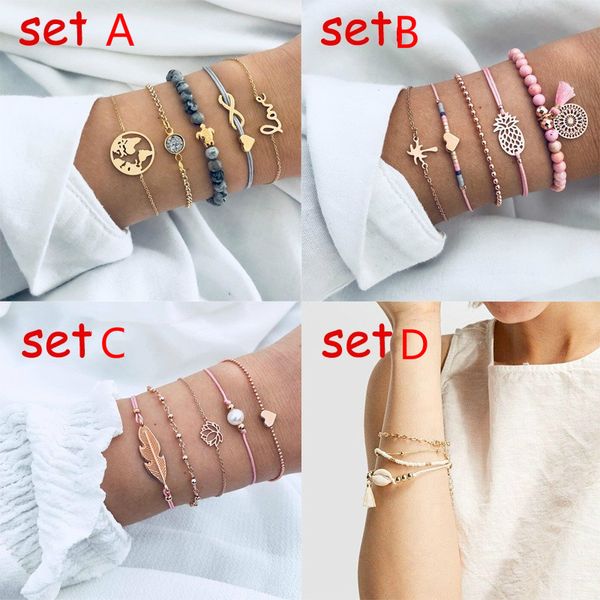 5pcs/set handmade bohemia map heart infinity shell pendant bracelet set lotus leaf coconut tree pineapple bracelet, Golden;silver
5pcs/set handmade bohemia map heart infinity shell pendant bracelet set lotus leaf coconut tree pineapple bracelet, Golden;silver