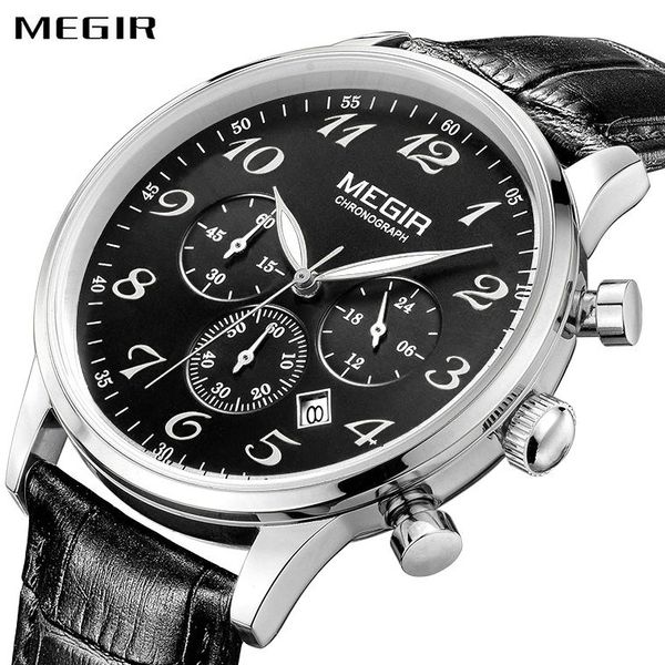 

megir fashion business watches men leather strap 3 working sub-dials quartz wrist watches chronograph clock, Slivery;brown