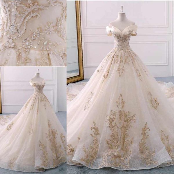 Vintage Off The Shoulder Wedding Dresses Gold Lace Appliques Capped Sleeves Wedding Gowns Back Lace Up Sweep Train Custom Made Wedding Gowns
Vintage Off The Shoulder Wedding Dresses Gold Lace Appliques Capped Sleeves Wedding Gowns Back Lace Up Sweep Train Custom Made Wedding Gowns