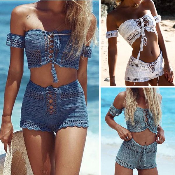 new off shoulder style handmade crochet swimwear bikini lace crop swimsuit beach summer gift, White;black
new off shoulder style handmade crochet swimwear bikini lace crop swimsuit beach summer gift, White;black