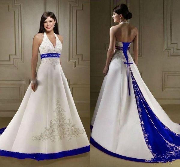 elegant ivory and royal blue a line wedding dresses halter neck court train open back lace up custom made embroidery wedding bridal gowns, White
elegant ivory and royal blue a line wedding dresses halter neck court train open back lace up custom made embroidery wedding bridal gowns, White