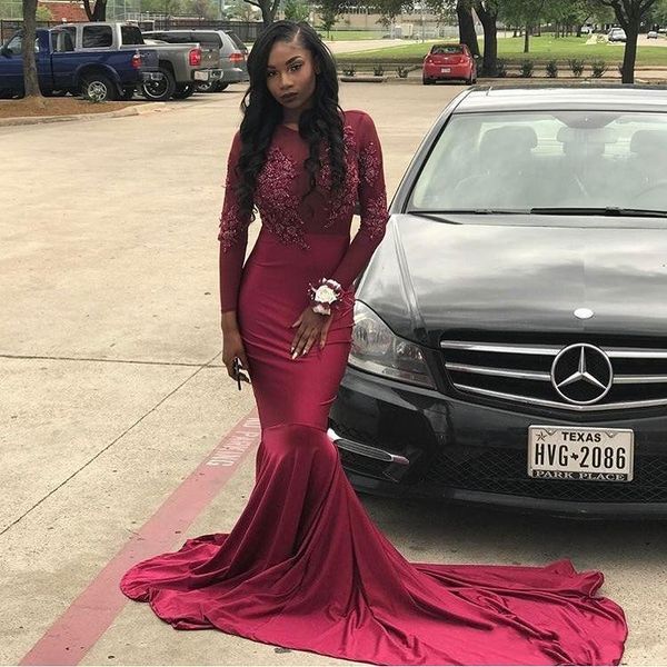 2018 black girls burgundy mermaid prom dresses jewel neck lace applique long sleeves court train long evening gowns formal party gowns, Black;red
2018 black girls burgundy mermaid prom dresses jewel neck lace applique long sleeves court train long evening gowns formal party gowns, Black;red