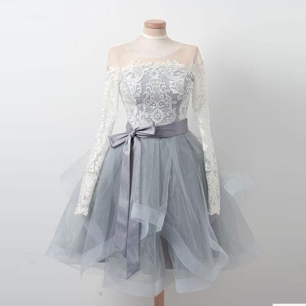 2018 long sleeve sheer neck short party dresses lace tulle homecoming piping ribbons dress zipper back cocktail dresses, Black
2018 long sleeve sheer neck short party dresses lace tulle homecoming piping ribbons dress zipper back cocktail dresses, Black