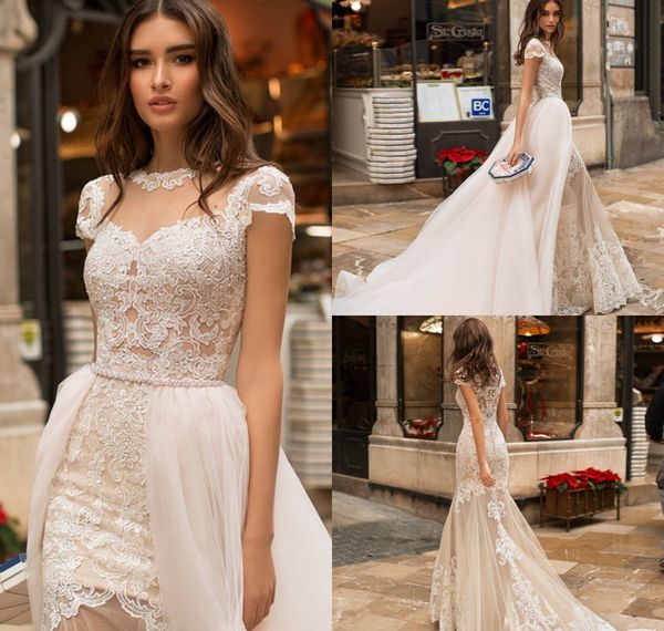 mermaid wedding dresses with detachable skirt short sleeve lace appliques sweep train country bridal gown jewel neck plus size wedding dress, White
mermaid wedding dresses with detachable skirt short sleeve lace appliques sweep train country bridal gown jewel neck plus size wedding dress, White